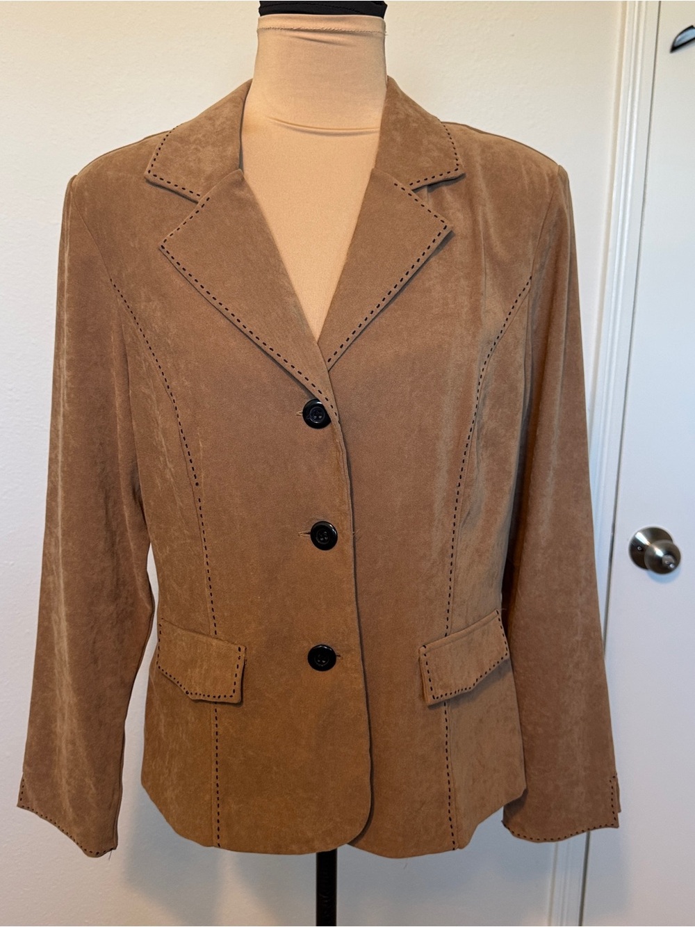 Suede Feel Button-Front Brown Women's Blazer Jacket